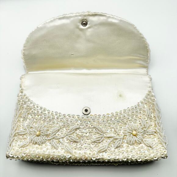 Vintage Ivory Silk Bead Sequin Front Flap Evening Bag Top Handle Strap Hong Kong - Picture 6 of 9